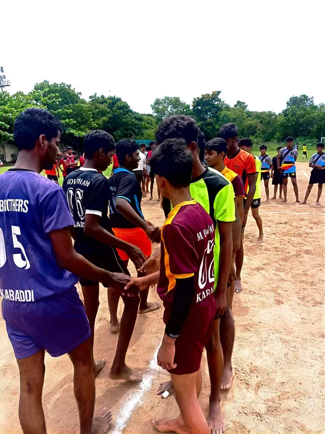 The SKDT kabaddi team getting ready for a match
